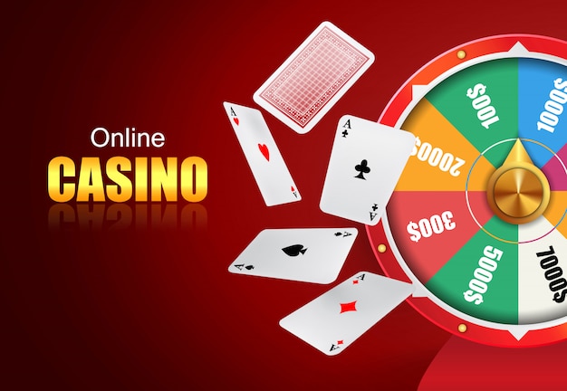 Online casino belettering, rad van fortuin en vliegende speelkaarten.