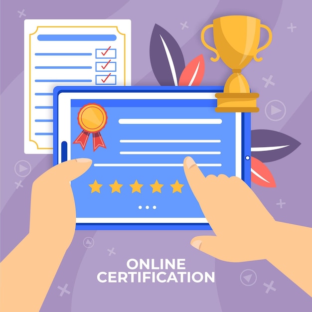 Gratis vector online certificering met virtueel karakter