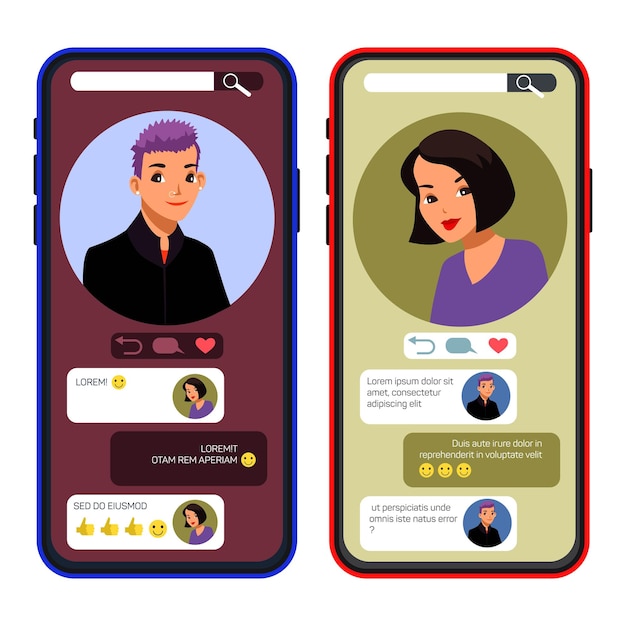 Online dating-app op twee telefoons twee gelukkige vrouwen die chatten in sociaal netwerk een soulmate-conceptgesprek vinden met sms-emoji via internet