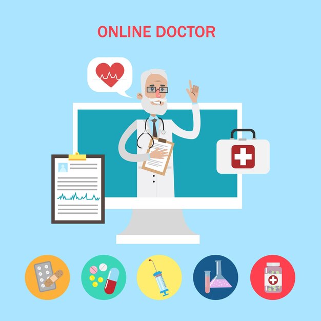 Online dokter concept Oude grappige dokter op het scherm