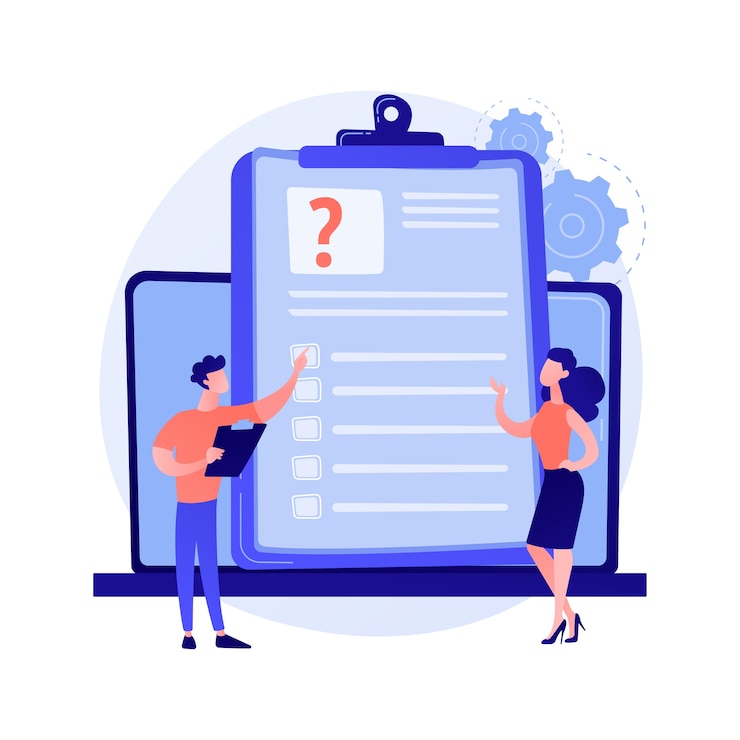 Gratis Vector online enquête-analyse. elektronische gegevensverzameling, digitale onderzoekstool, geautomatiseerde studie. analist die feedbackresultaten overweegt, informatie analyseert.