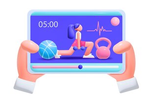 Online fitness coach cartoon concept met menselijke handen met tablet met vrouw die training op het scherm vectorillustratie doet