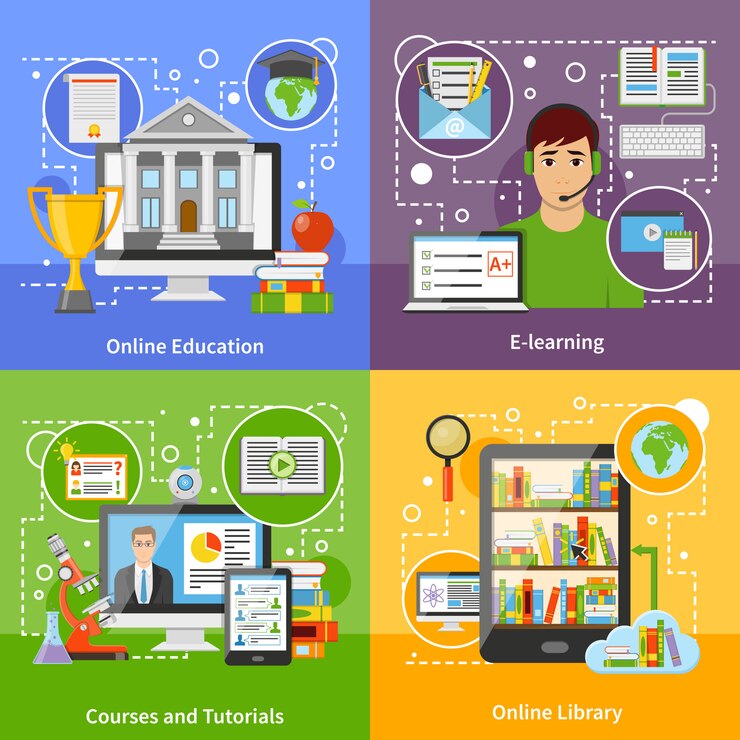 Gratis Vector online onderwijsconcept 4 vlakke pictogrammen