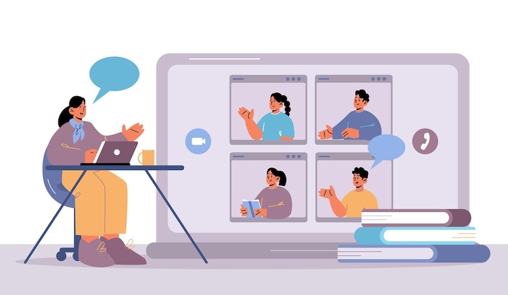 Gratis Vector online onderwijsleraar en studenten webinar via videoconferentie internetverbinding vrouwelijke tutor voert les uit via laptopscherm mensen verre schoolopleiding lijntekeningen vectorillustratie