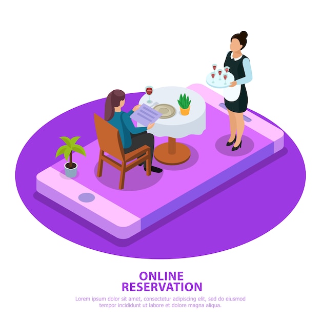 Gratis vector online reservering isometrische samenstelling ober tijdens klantenservice op mobiel apparaat scherm wit paars