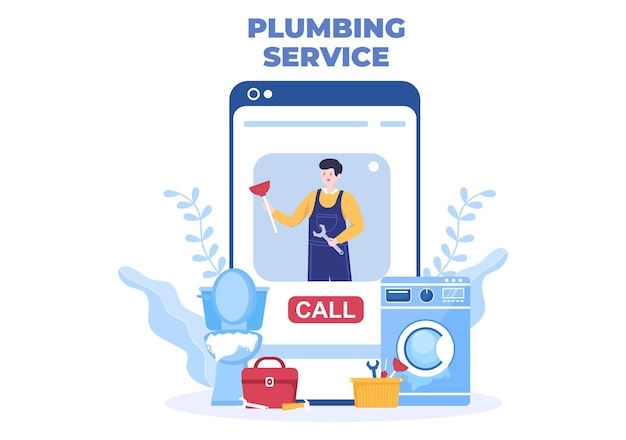 Online sanitair met loodgieter werknemers reparatie, onderhoud repareren huis en schoonmaken van badkamer apparatuur in vlakke achtergrond afbeelding