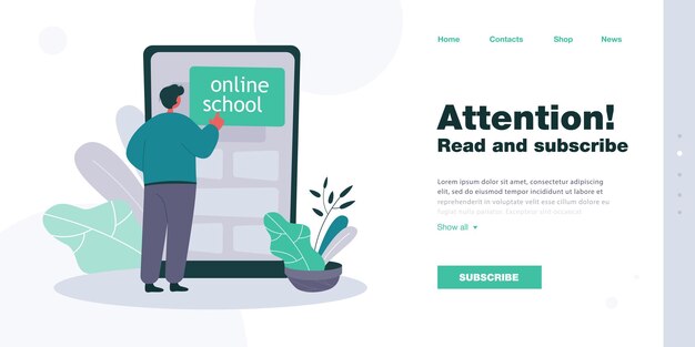 Online schoolstudent staat voor enorme smartphone. Mannelijk karakter dat op afstand platte vectorillustratie bestudeert. Online onderwijs, technologieconcept voor banner, websiteontwerp of bestemmingspagina