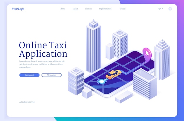 Online taxi-applicatie banner mobiele app voor bestelling passagiersvervoer vector bestemmingspagina van cab web...