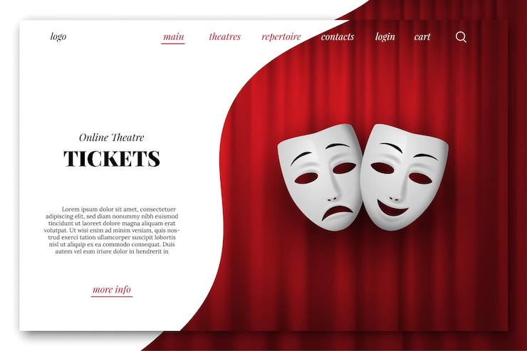 Gratis Vector online theaterkaartjes bestemmingspagina sjabloon comedy and tragedy theatraal masker geïsoleerd op een rode gordijnachtergrond