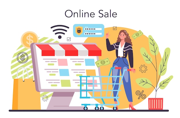 Gratis vector online verkoopconcept e-commerce ontwikkeling verkoopbevordering en stimulering van commerciële winst platte vectorillustratie