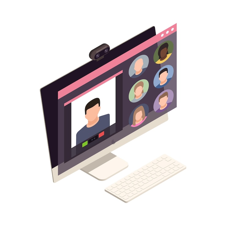 Gratis Vector online virtuele teambuilding isometrische compositie met afbeelding van computer met camera en online vergadering app illustratie