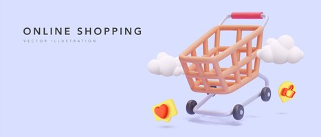Gratis vector online winkelbanner met 3d-winkelwagentje, wolken en sociale pictogrammen. vector illustratie