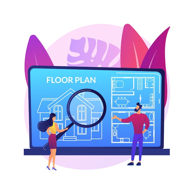 Gratis vector onroerend goed plattegrond abstract concept illustratie. plattegrond van online services, vastgoedmarketing, huizenlijst, interactieve vastgoedindeling, virtuele enscenering.