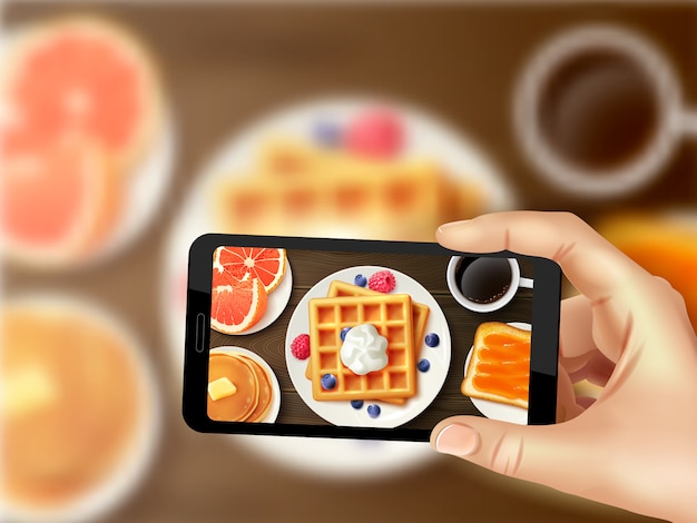 Gratis vector ontbijt smartphone foto realistisch top afbeelding
