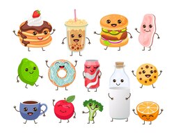 Gratis vector ontbijtvoedselkarakters met schattige gezichten. grappige pannenkoek, spek, fles melk, appel, koekje, kopje koffie, toast en drankjes op witte achtergrond. gezonde voeding, maaltijd cartoon afbeelding ingesteld concept