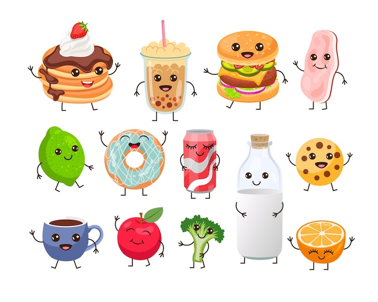 Gratis Vector ontbijtvoedselkarakters met schattige gezichten. grappige pannenkoek, spek, fles melk, appel, koekje, kopje koffie, toast en drankjes op witte achtergrond. gezonde voeding, maaltijd cartoon afbeelding ingesteld concept