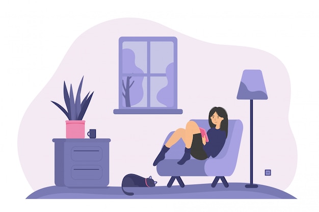 Gratis vector ontspannen vrouw zitten in fauteuil met boek