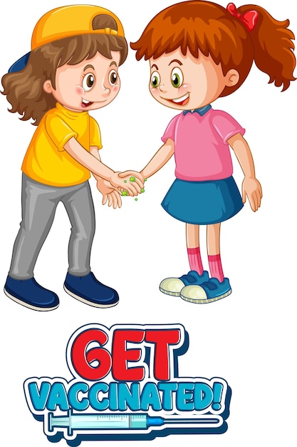 Gratis vector ontvang een gevaccineerde poster met twee stripfiguren voor kinderen, houd geen sociale afstand