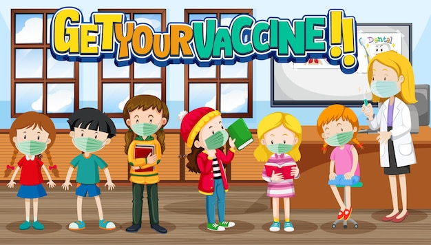 Gratis vector ontvang uw vaccin-lettertypebanner met veel kinderen die in de rij wachten om een vaccin te krijgen