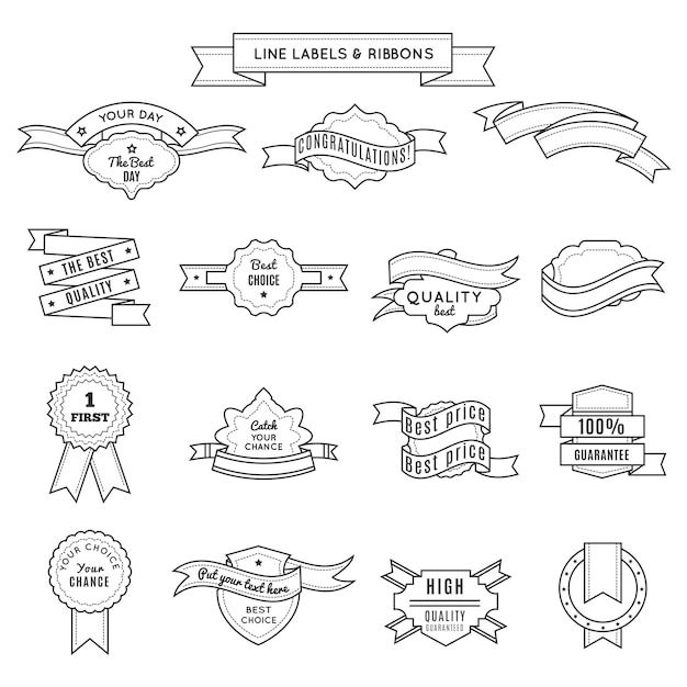 Ontwerp badgeset en linten in lineaire stijl voor kampioenswinnaar en de beste kwaliteits- en garantiebeschrijvingen