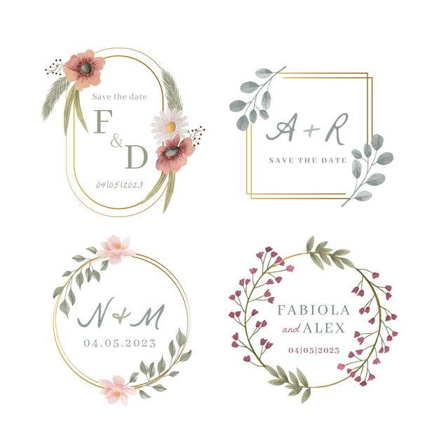 Ontwerp met aquarel bloemen bruiloft badges