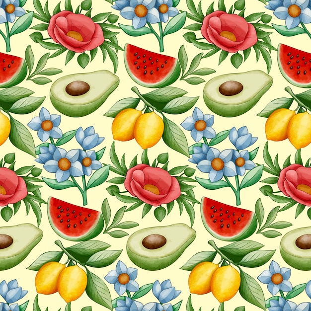 Gratis vector ontwerp met aquarelfruit en bloemenpatroon