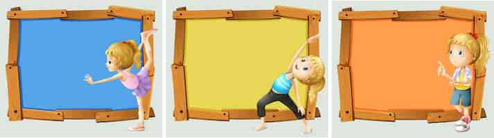 Gratis vector ontwerp van houten frame met meisjes en yoga