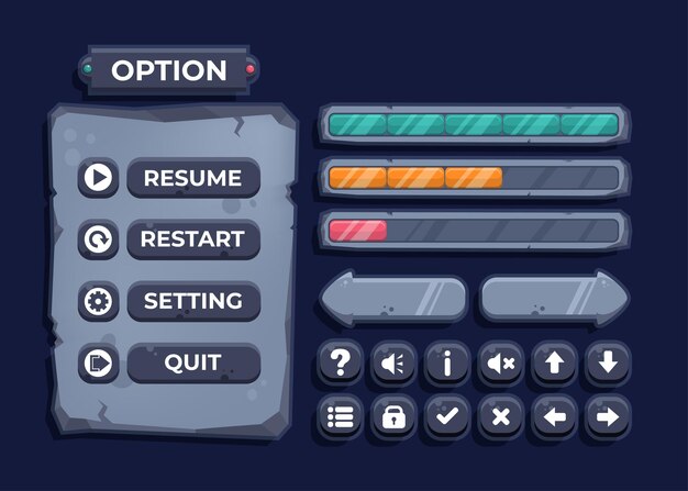 Ontwerp voor een complete set van pop-up, pictogram, venster en elementen van scoreknoppen voor het maken van middeleeuwse RPG-videogames