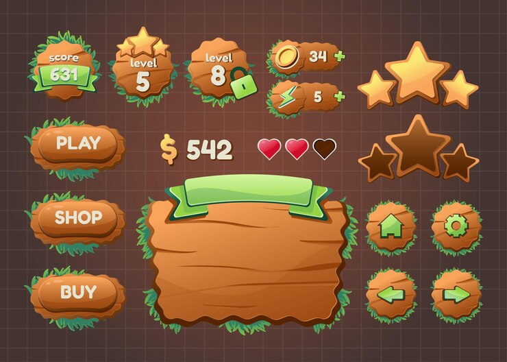Gratis Vector ontwerp voor een complete set van pop-up, pictogram, venster en elementen van scoreknoppen voor het maken van middeleeuwse rpg-videogames