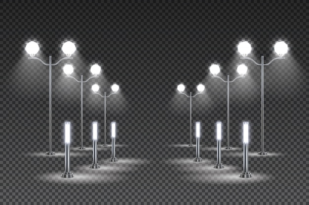 Gratis vector ontwerp voor tuinverlichting buiten met hoge lantaarns en straatverlichting op zonne-energie