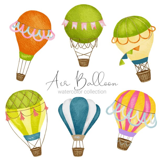 Ontwerpen voor heteluchtballonnen in verschillende aquarelstijlen voor grafisch ontwerpers om te gebruiken voor websites uitnodigingskaarten bruiloften gefeliciteerd verjaardagen vieringen bedrukking van stoffen en publicaties