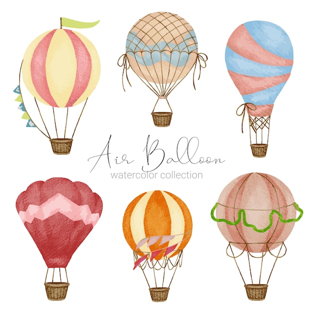 Ontwerpen voor heteluchtballonnen in verschillende aquarelstijlen voor grafisch ontwerpers om te gebruiken voor websites uitnodigingskaarten bruiloften gefeliciteerd verjaardagen vieringen bedrukking van stoffen en publicaties