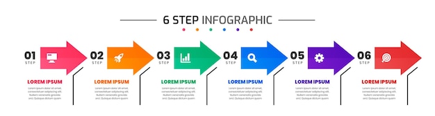 Ontwerpsjablonen voor infographic elementen met pictogrammen en 6 stappen geschikt voor stroomschema voor presentaties