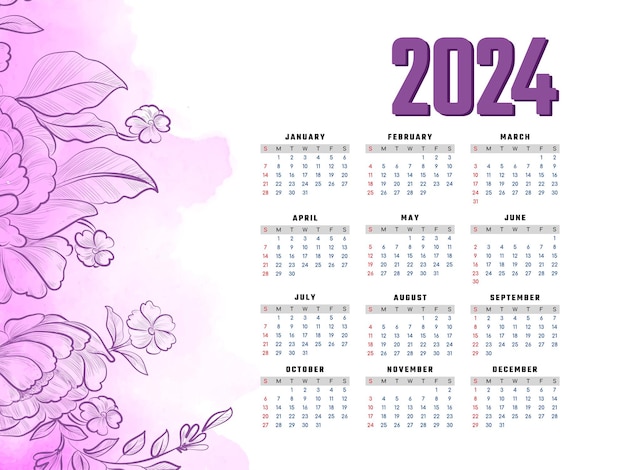 Gratis vector ontwerpvector voor de kalender van het nieuwe jaar 2024