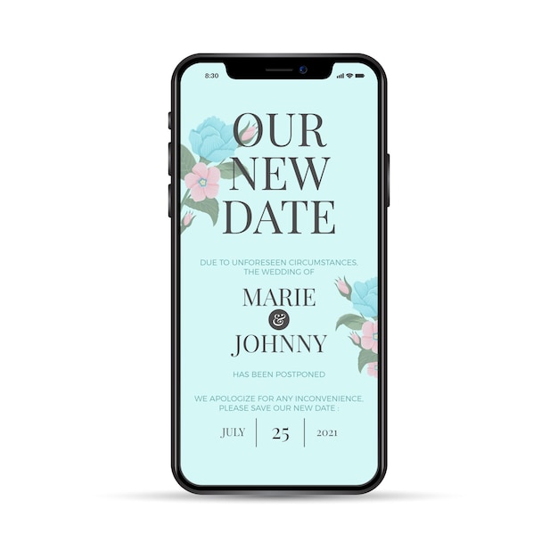 Gratis vector onze nieuwe datum heeft de trouwtelefoon-app uitgesteld