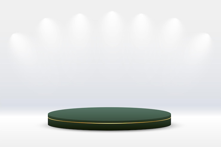 Gratis Vector oogverblindend 3d voetstuk platform witte achtergrond met spotlight effect vector