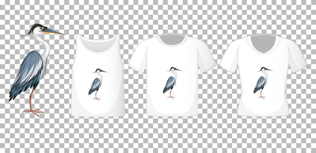 Ooievaarvogel in stand positie stripfiguur met vele soorten shirts op transparant