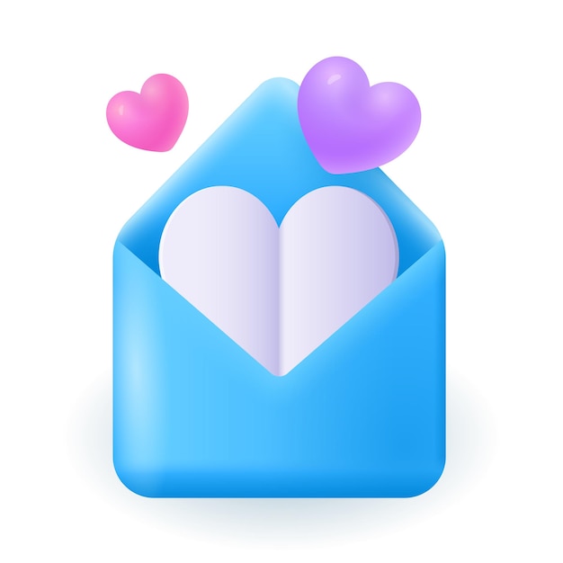 Gratis vector open blauwe envelop met grappige harten 3d illustratie. cartoon tekening van brief met roze, paarse harten in 3d-stijl op witte achtergrond. liefde, romantiek, valentijnsdag, communicatieconcept