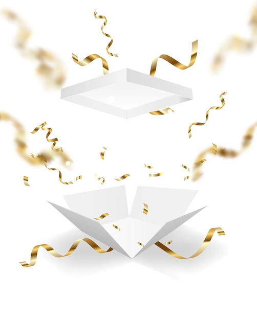 Gratis vector open geschenkdoos met gouden confetti geïsoleerd op een witte achtergrond vector
