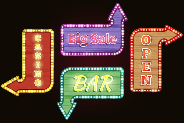Open, grote verkoop, casino, bar retro neonreclame set. ontwerp vintage, reclame elektrisch, verlicht bord