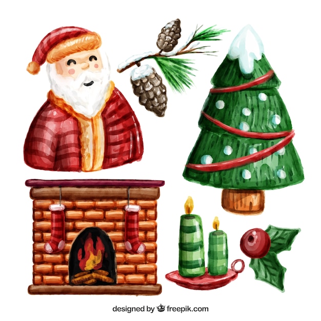 Gratis vector open haard en aquarel kerst elementen