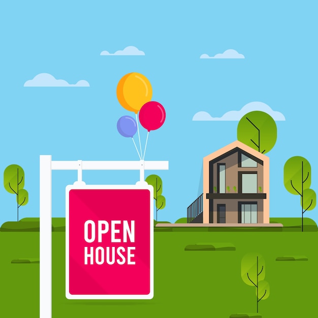 Gratis vector open huis bord met huis