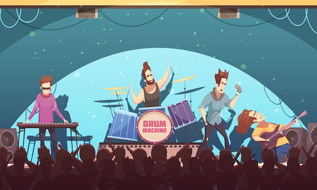 Gratis vector open lucht festival rockband live muziek onstage prestatie retro cartoon banner met elektronische instrumenten en publiek