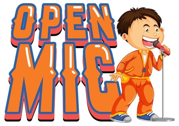 Open mic-logo-ontwerp met stripfiguur voor zangeres