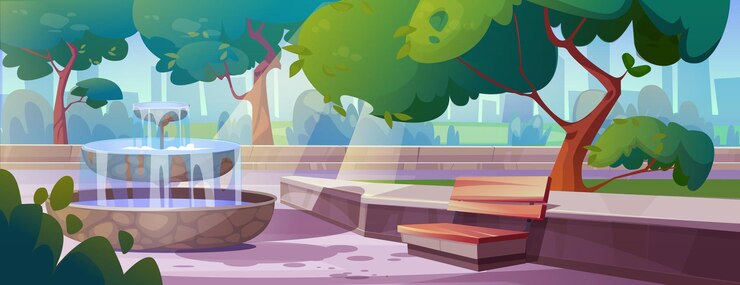 Gratis Vector openbaar stadspark met fontein en bank