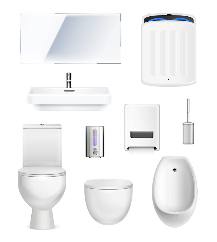 Gratis Vector openbaar toilet witte apparatuur realistische set wastafel urinoir bidet toiletpot dispensers voor papieren handdoek en zeep geïsoleerde elementen vector illustratie