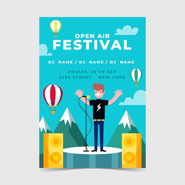 Openluchtmuziekfestival poster sjabloon met man