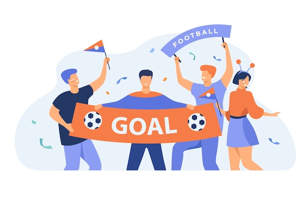 Openluchtvoetbalfans die grote banner met doel geïsoleerde vlakke vectorillustratie houden. Cartoon groep actieve mensen juichen voor voetbalteam. Sportspel en viering concept