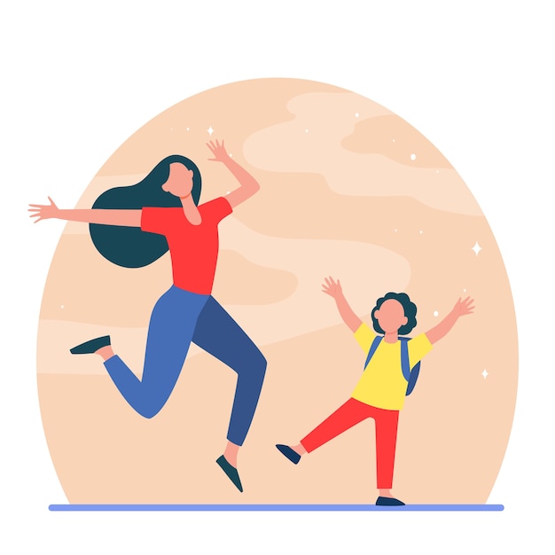 Gratis vector opgewonden moeder en zoon hebben plezier. vrouw en jongen springen en dansen vlakke afbeelding.