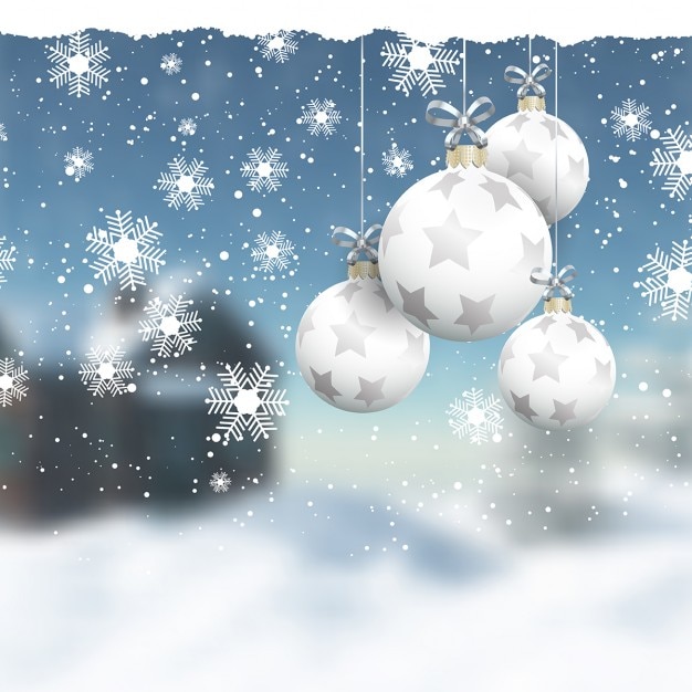 Gratis vector opknoping kerstballen op een defocussed winterlandschap